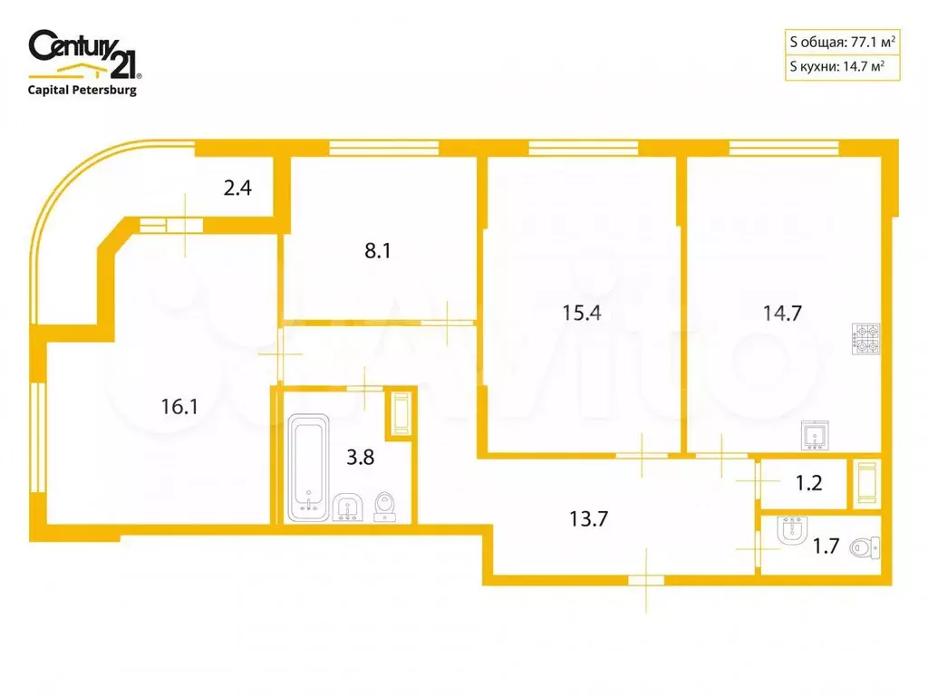 3-к. квартира, 74,9 м, 8/8 эт. - Фото 0