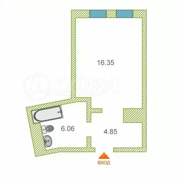 Студия Тюменская область, Тюмень ул. Газовиков, 73к3 (27.3 м) - Фото 2