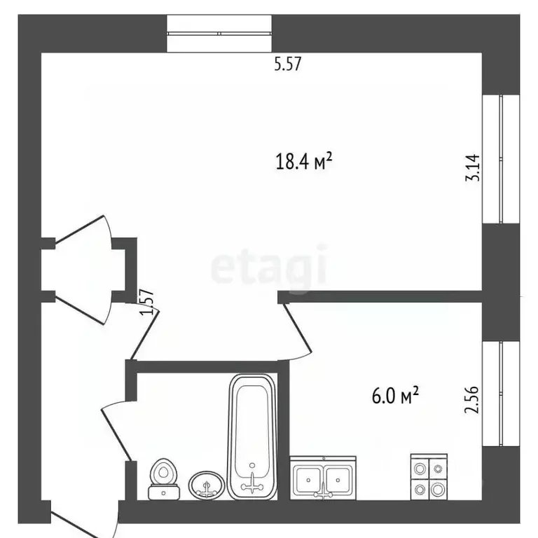 Студия Тюменская область, Тюмень Мельничная ул., 3 (31.0 м) - Фото 1