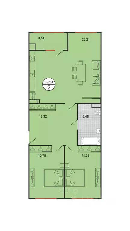 2-к кв. Ставропольский край, Ставрополь № 15 мкр,  (69.23 м) - Фото 1