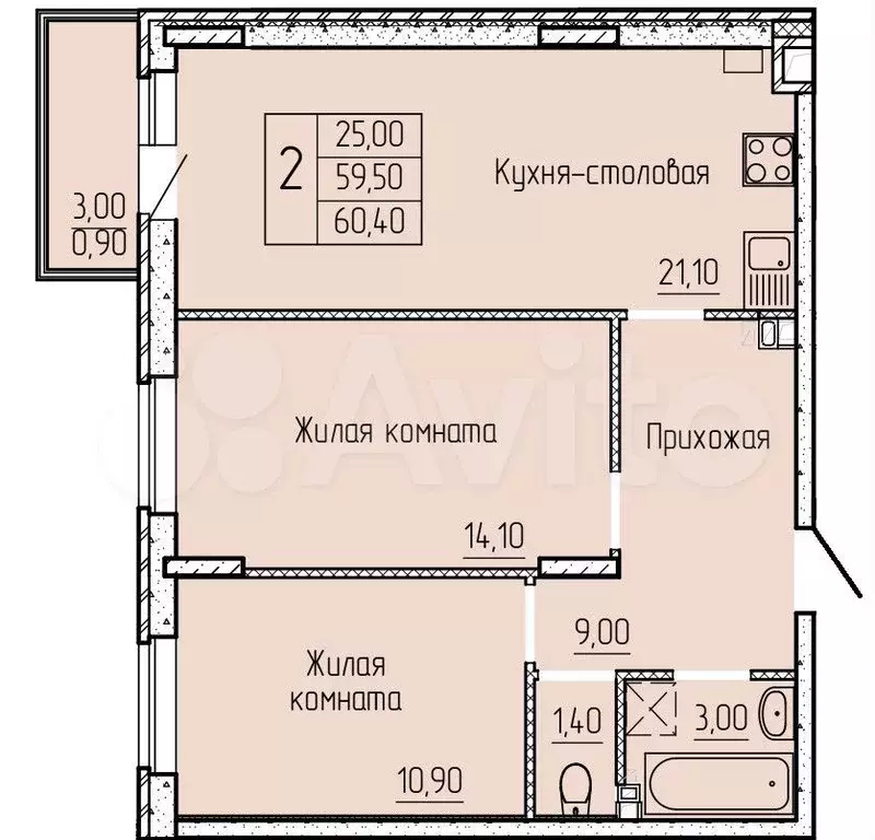 2-к. квартира, 61 м, 2/4 эт. - Фото 0