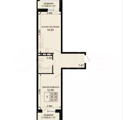 1-к. квартира, 42 м, 7/9 эт. - Фото 0