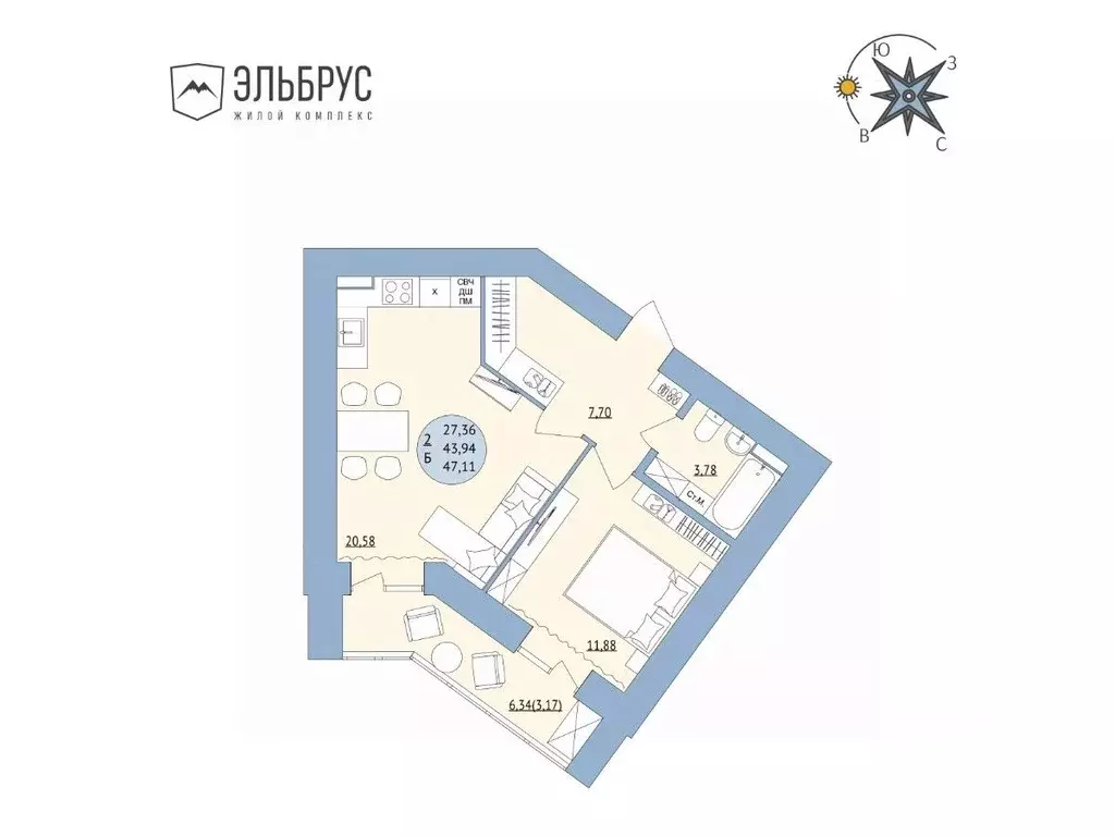 2-к кв. Башкортостан, Уфа Кавказская ул., 24 (47.11 м) - Фото 0