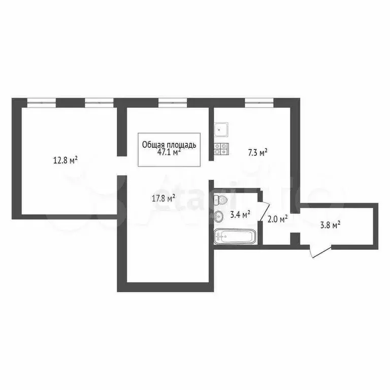 2-к. квартира, 47,1 м, 1/2 эт. - Фото 0