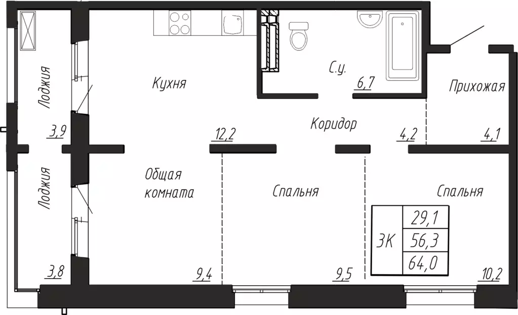3-к квартира, 64 м - Фото 0
