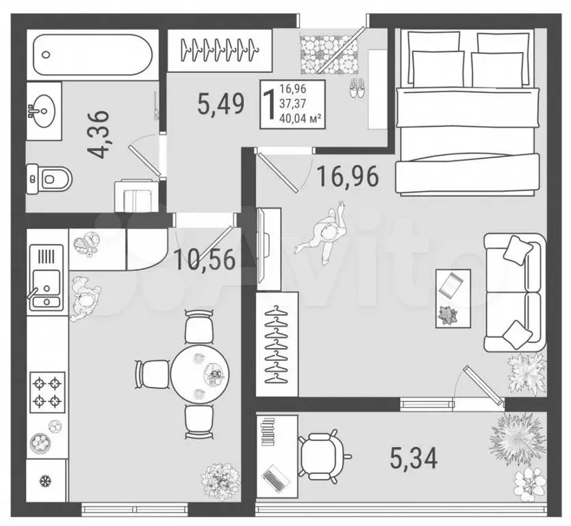 1-к. квартира, 40м, 2/9эт. - Фото 0