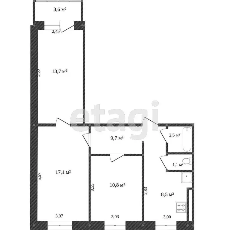 Квартира, 3 комнаты, 63.7 м - Фото 1