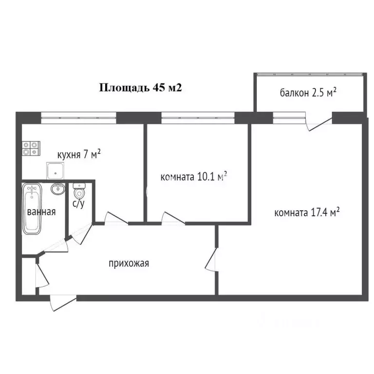 2-к кв. Санкт-Петербург Товарищеский просп., 22К1 (44.2 м) - Фото 2