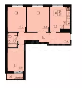 3-к. квартира, 76,6 м, 8/8 эт. - Фото 1