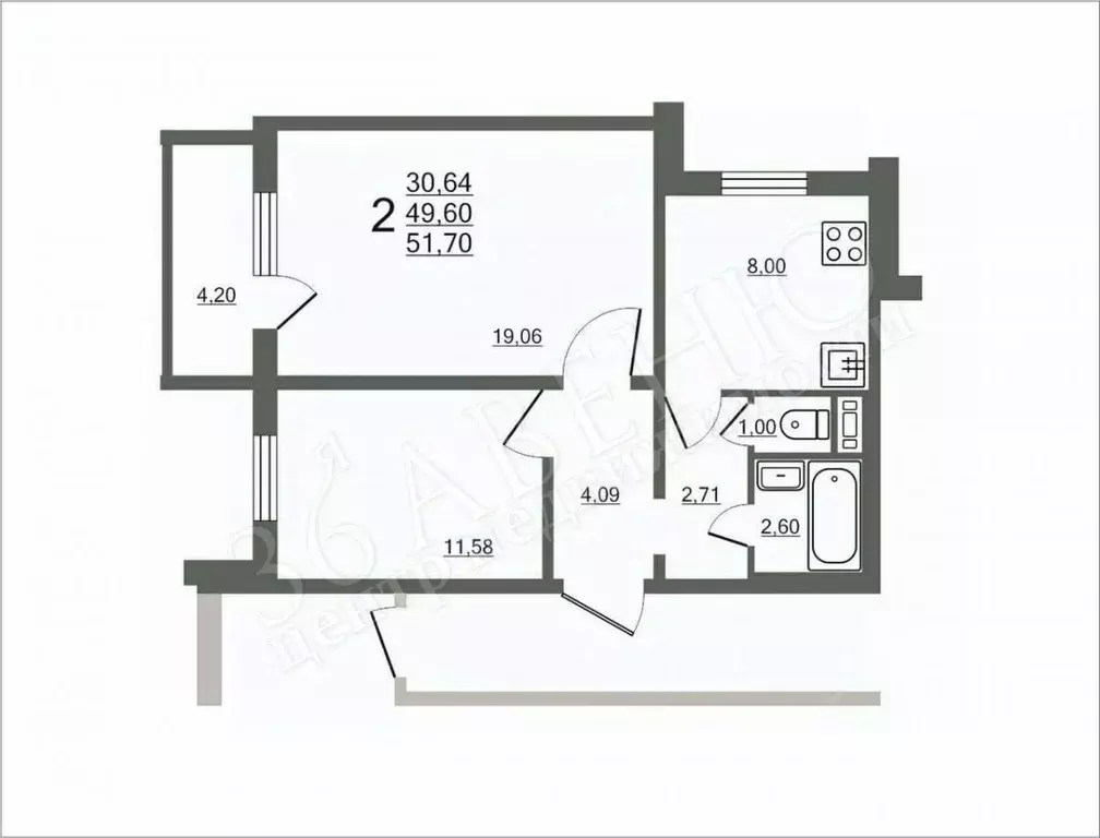 2-к кв. Воронежская область, Воронеж ул. Ломоносова, 114/35 (49.6 м) - Фото 2