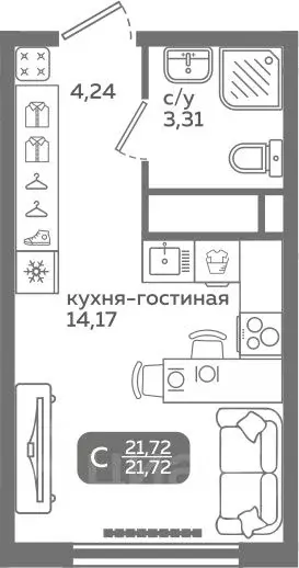 Студия Тюменская область, Тюмень ул. Заполярная, 9/2 (21.72 м) - Фото 0