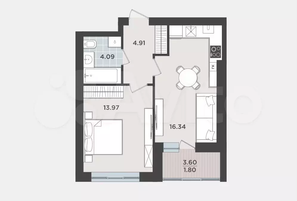 1-к. квартира, 41,1 м, 6/9 эт. - Фото 1