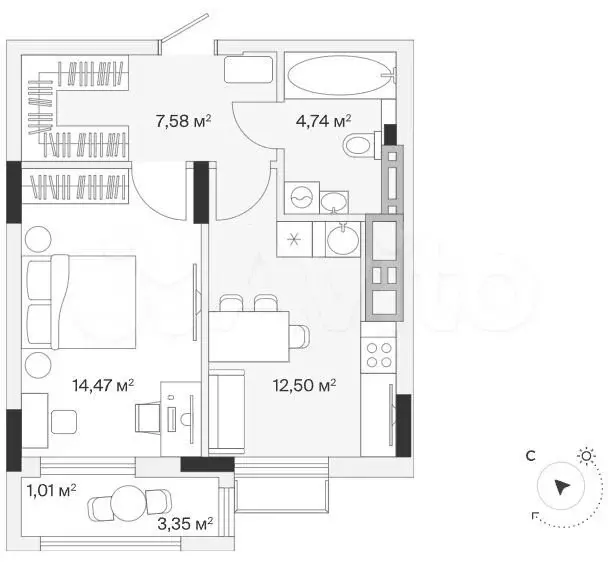 1-к. квартира, 40,9 м, 6/7 эт. - Фото 1