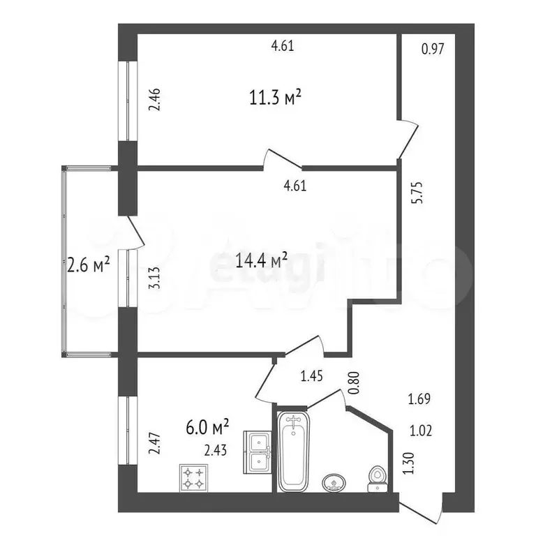 2-к. квартира, 44,8 м, 2/5 эт. - Фото 0