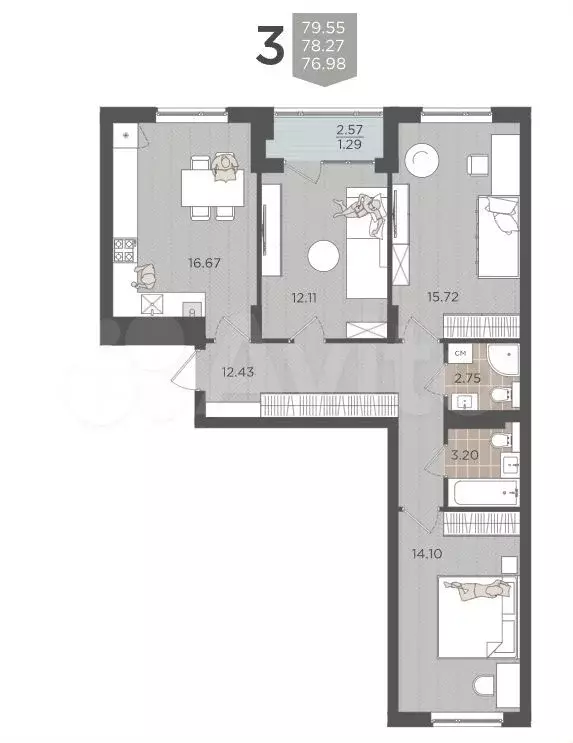 3-к. квартира, 79,5 м, 5/9 эт. - Фото 1