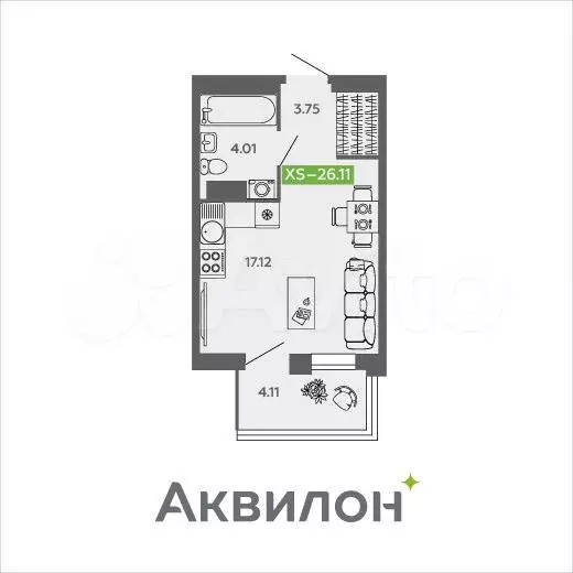 Квартира-студия, 26,1 м, 9/9 эт. - Фото 0