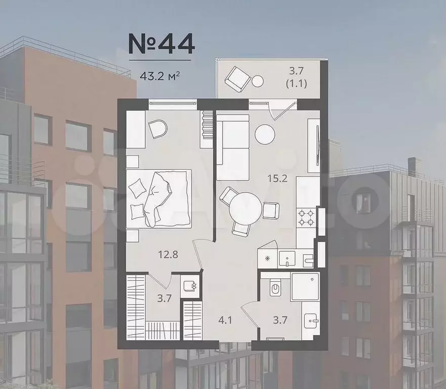1-к. квартира, 42,9 м, 3/7 эт. - Фото 0