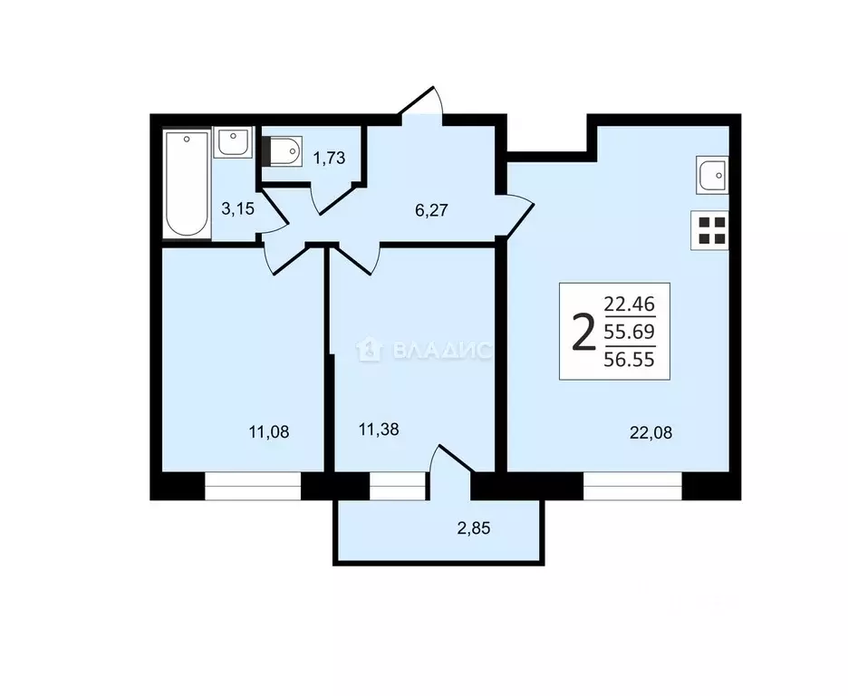 2-к кв. Санкт-Петербург ул. Ивинская, 19к1 (56.55 м) - Фото 1