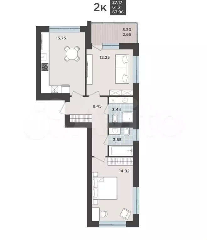 2-к. квартира, 63,4 м, 7/9 эт. - Фото 1