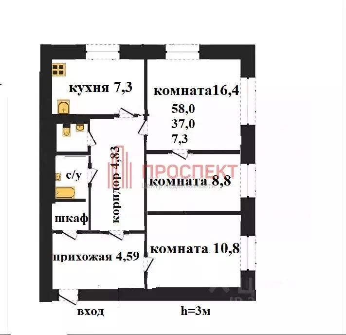 3-к кв. Пензенская область, Пенза Красная ул., 24А (58.0 м) - Фото 1