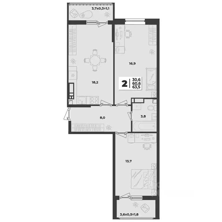 2-к кв. Краснодарский край, Краснодар  (63.5 м) - Фото 1