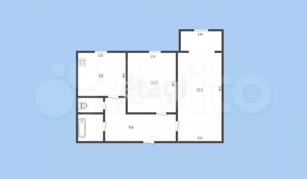 2-к. квартира, 55 м, 5/11 эт. - Фото 0