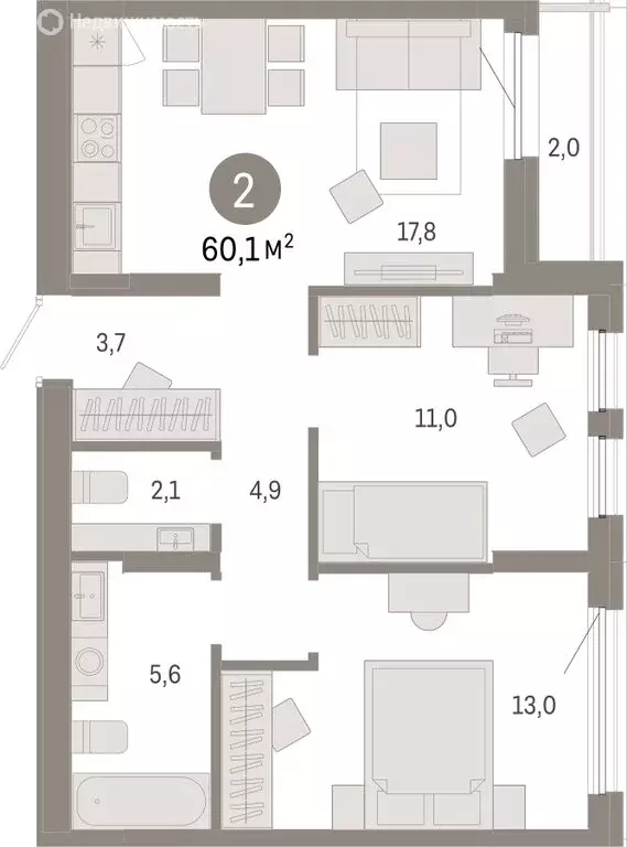3-комнатная квартира: Тюмень, жилой комплекс Республики 205 (60.13 м) - Фото 0