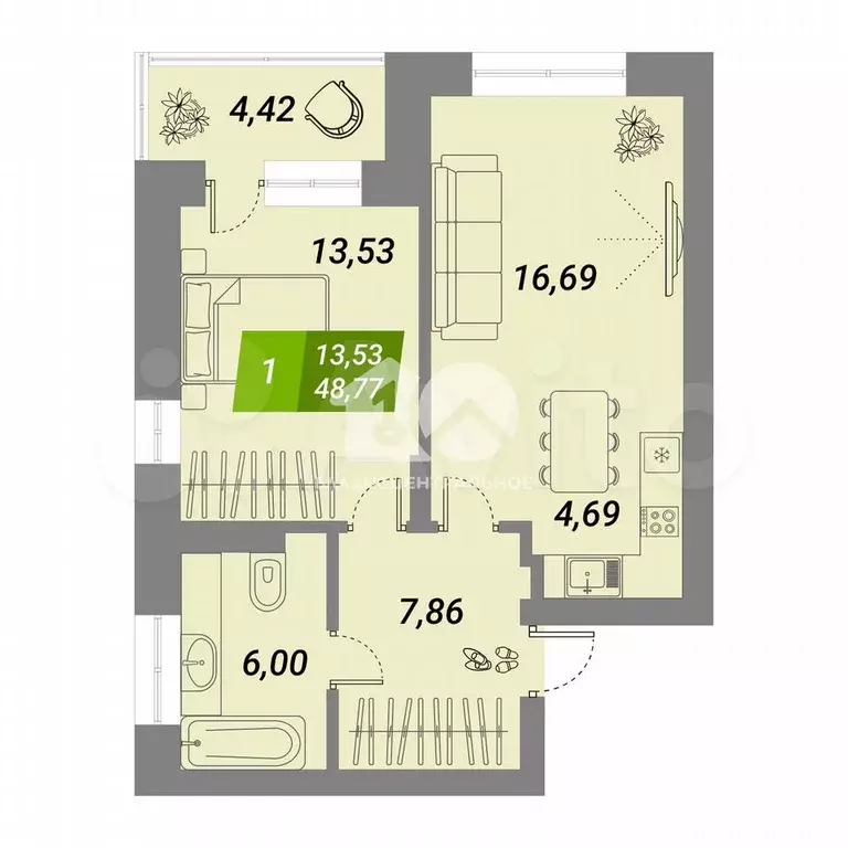 1-к. квартира, 48,5 м, 2/29 эт. - Фото 0