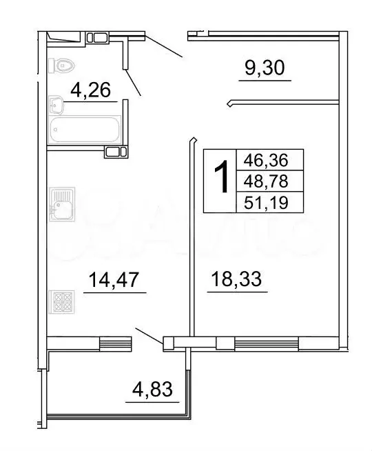 1-к. квартира, 51м, 17/27эт. - Фото 0