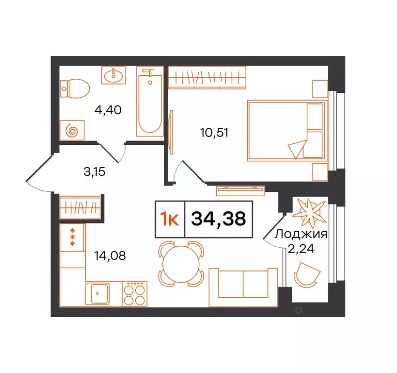 1-к кв. Тюменская область, Тюмень Полевая ул., 117к13 (34.38 м) - Фото 1