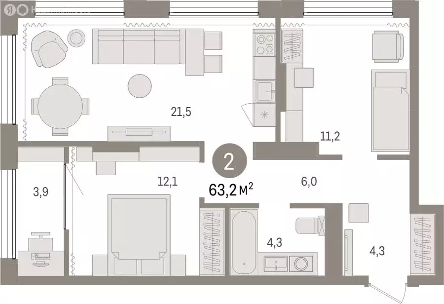 2-комнатная квартира: Тюмень, Краснооктябрьская улица, 4к3 (63.2 м) - Фото 1