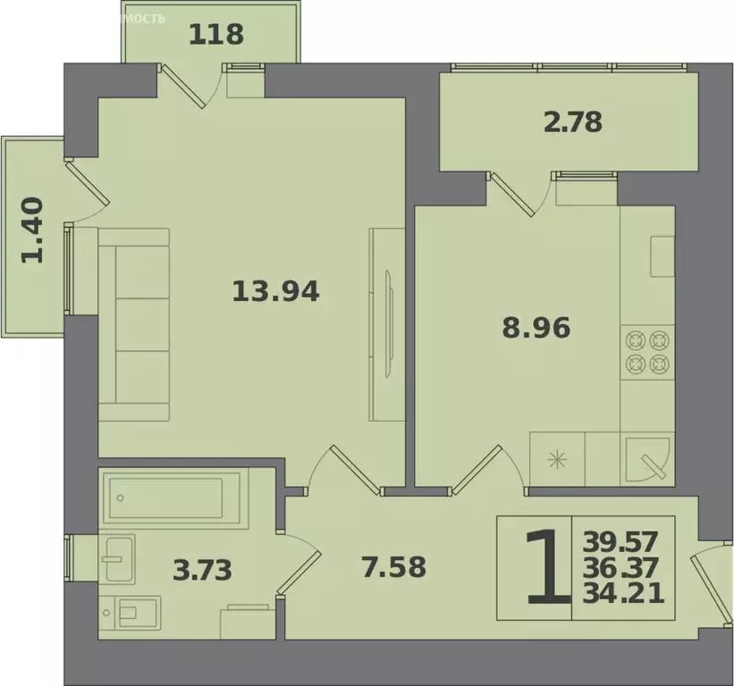 1-комнатная квартира: Калининград, Крейсерская улица, 13к1 (39.57 м) - Фото 0