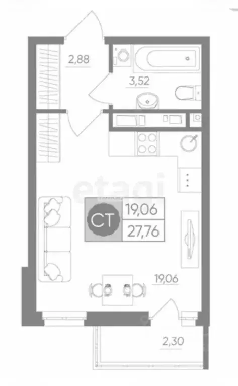 Студия Тульская область, Тула ул. Купцов Гречихиных, 12 (27.0 м) - Фото 1