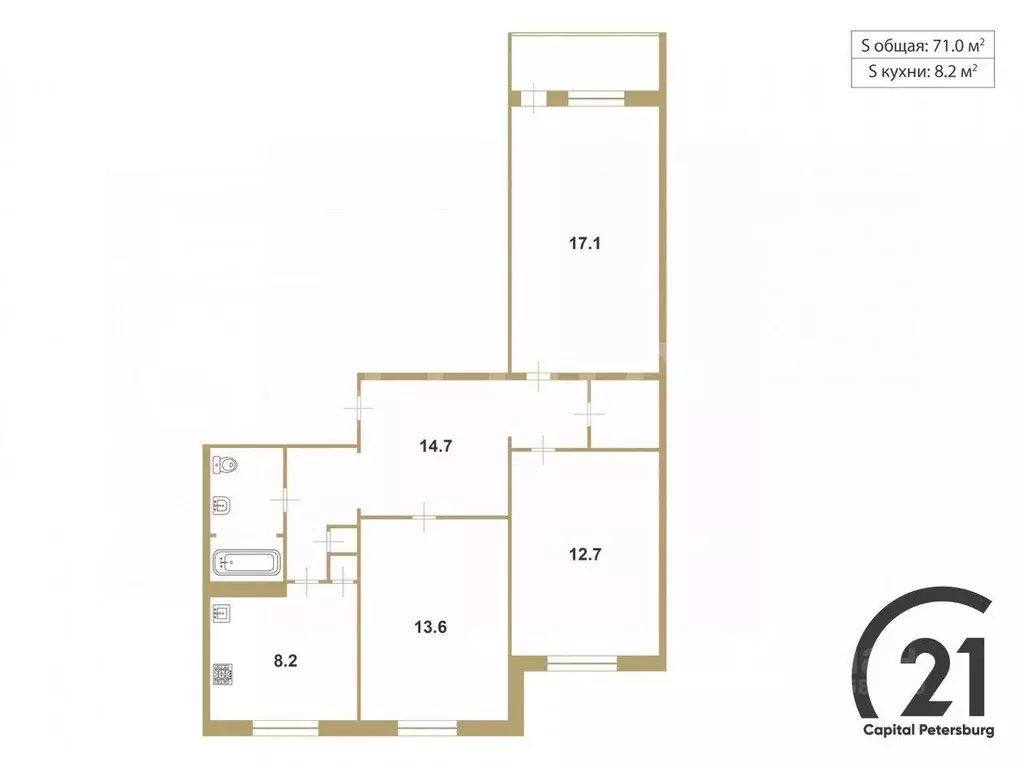 Квартира, 3 комнаты, 71 м - Фото 1