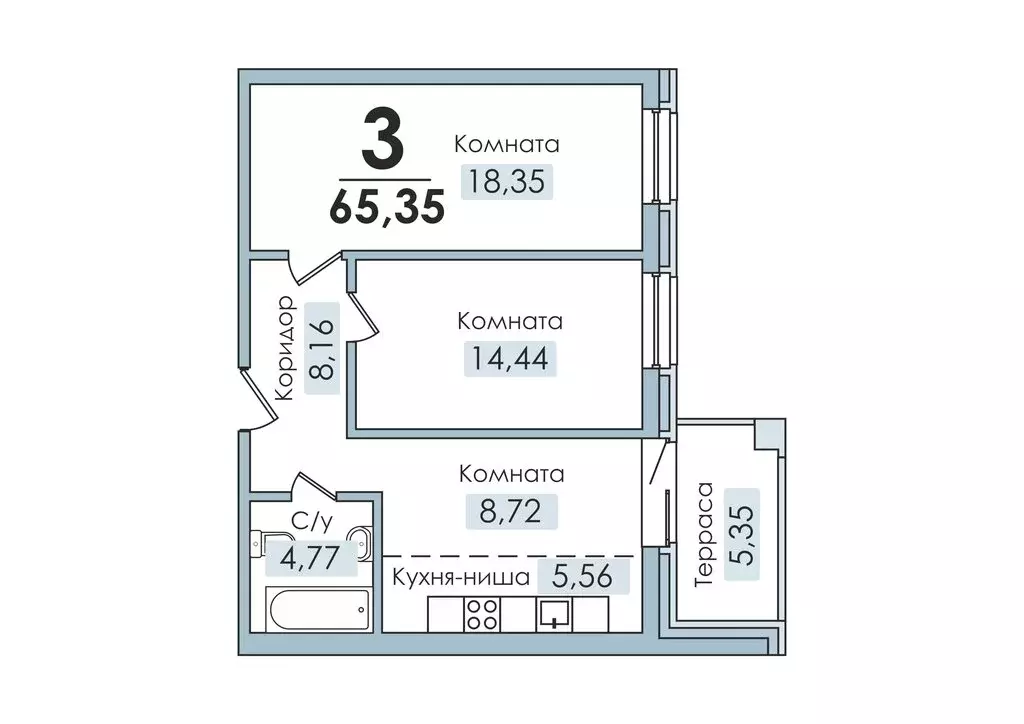 3-комнатная квартира: посёлок Рощино, Лесопарковая улица, 3 (65.35 м) - Фото 1