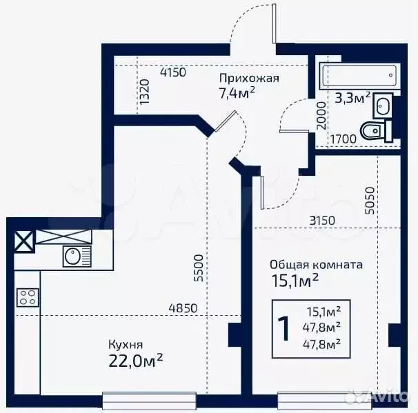1-к. квартира, 44,4 м, 4/9 эт. - Фото 0