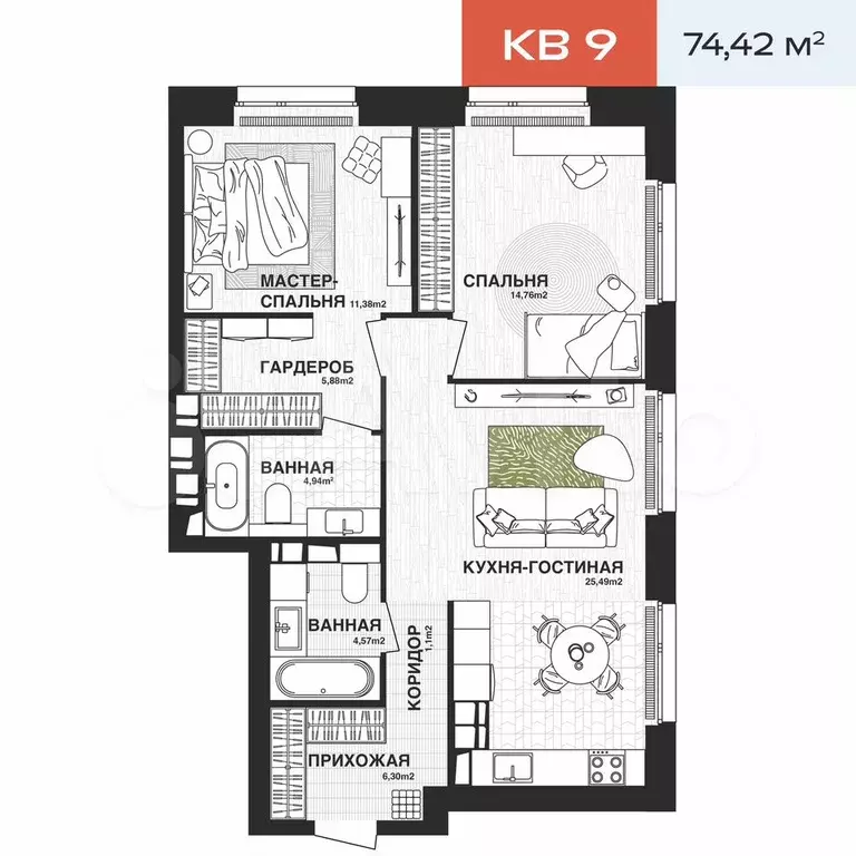 2-к. квартира, 74,4 м, 4/21 эт. - Фото 0
