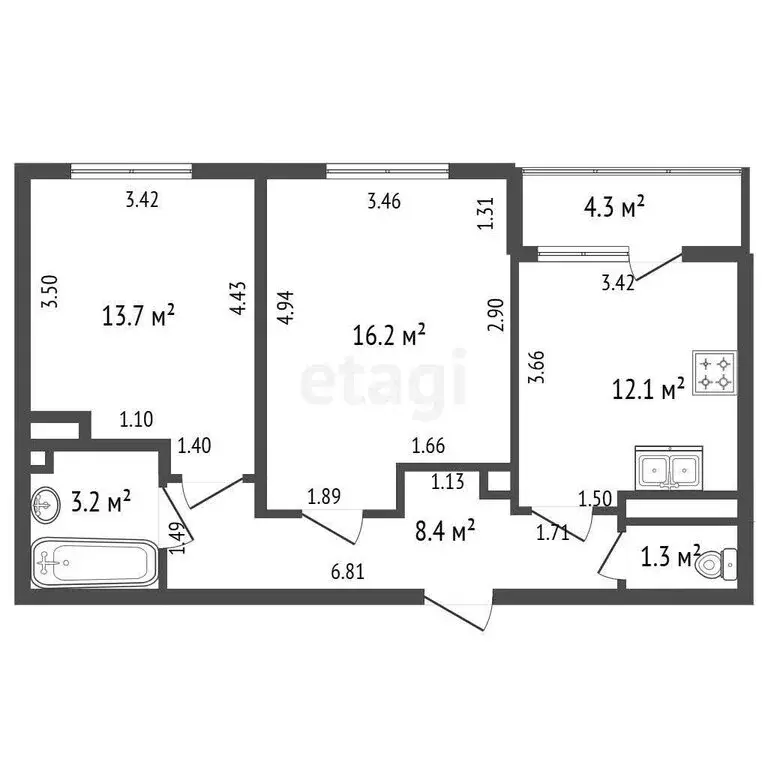 2-комнатная квартира: Санкт-Петербург, проспект Ветеранов, 169к3 (54.9 ... - Фото 1