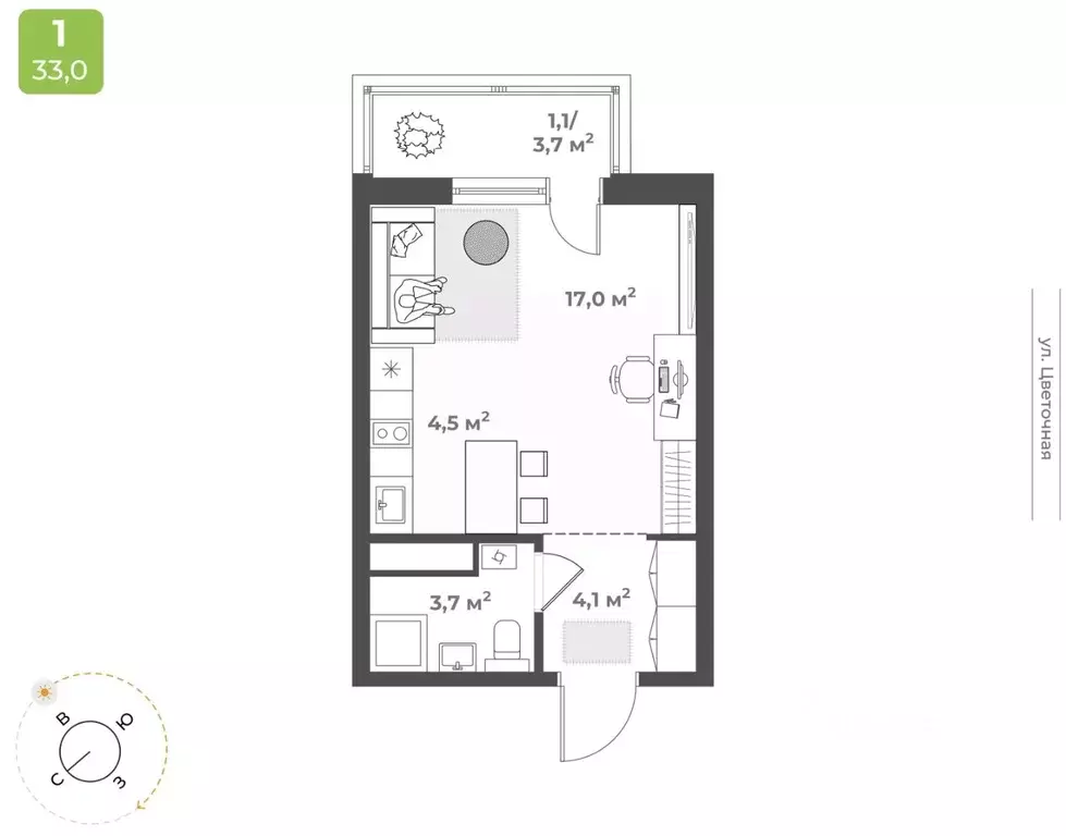 Студия Тверская область, Тверь Соминка мкр,  (30.4 м) - Фото 1