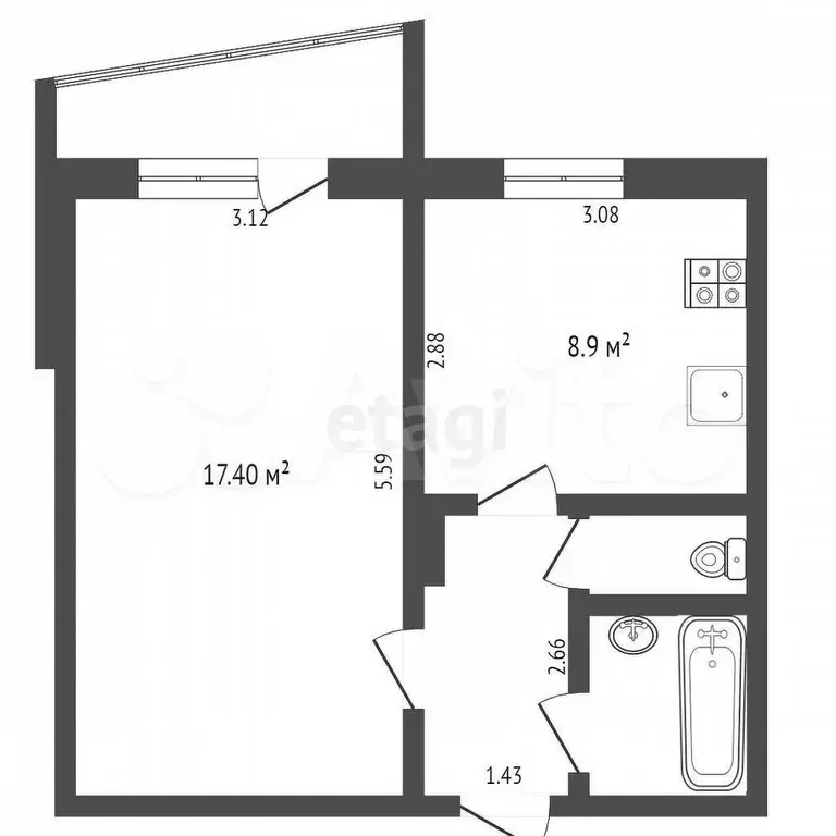 1-к. квартира, 33,5 м, 9/9 эт. - Фото 0