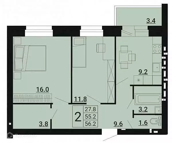 Продаётся 2-к квартира, 56.2 м - Фото 0