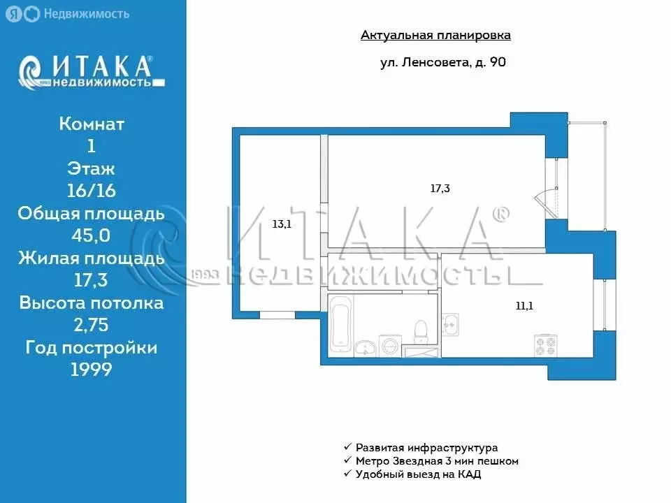 1-комнатная квартира: Санкт-Петербург, улица Ленсовета, 90 (45 м) - Фото 1