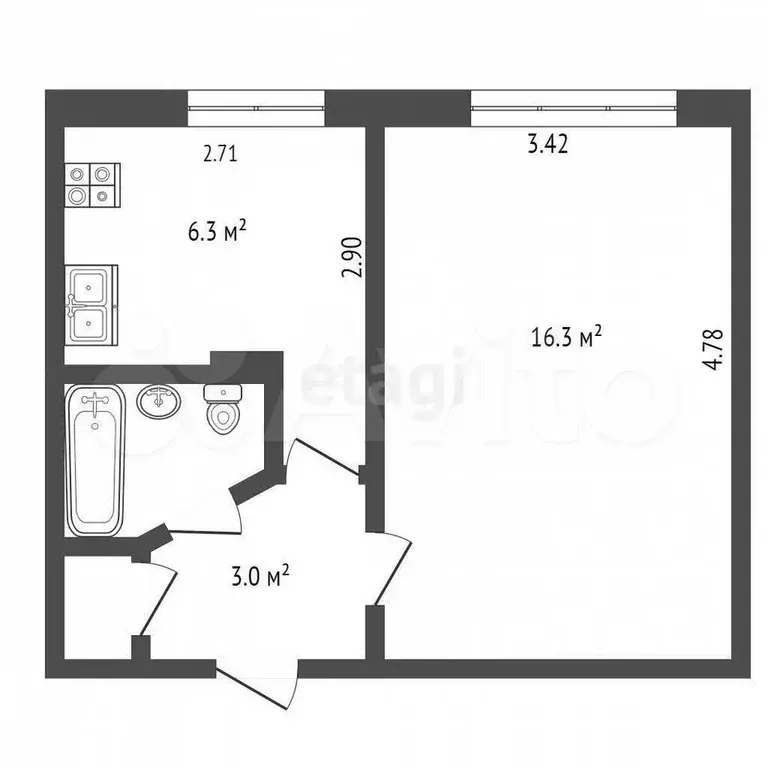 1-к. квартира, 27,8 м, 1/9 эт. - Фото 1