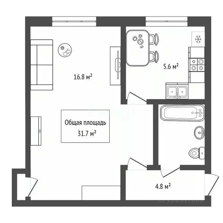 1-к кв. Новосибирская область, Новосибирск ул. Кирова, 317 (31.7 м) - Фото 1