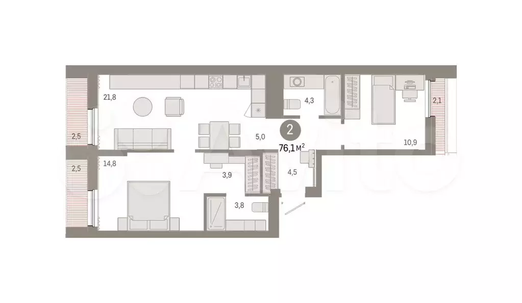 2-к. квартира, 74,8 м, 8/9 эт. - Фото 0