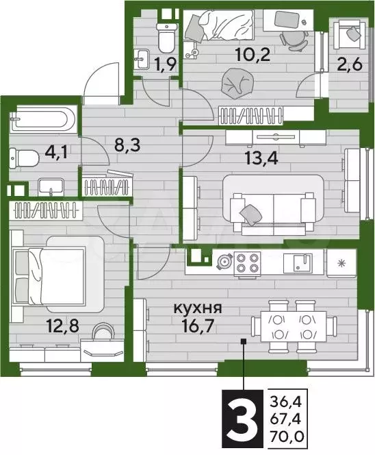 3-к. квартира, 70 м, 4/16 эт. - Фото 0