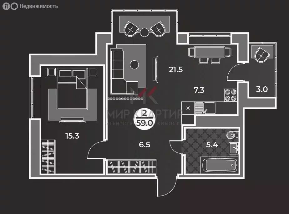 2-комнатная квартира: Абакан, улица Генерала Тихонова, 7 (59 м) - Фото 1
