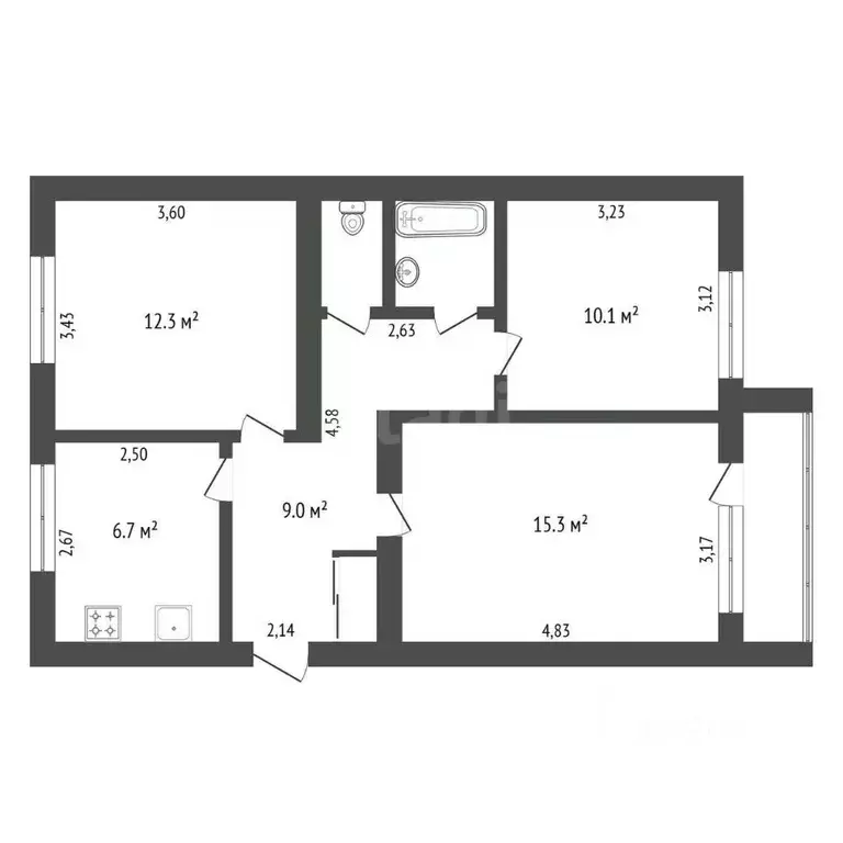 3-к кв. Амурская область, Благовещенск Политехническая ул., 53 (57.8 ... - Фото 2