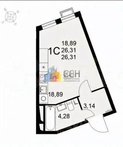 Студия Тульская область, Тула ул. Федора Смирнова, 2к1 (26.1 м) - Фото 2