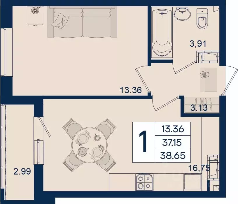 1-к кв. Краснодарский край, Краснодар  (38.65 м) - Фото 1